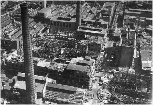 Aerial view of bomb-damaged blds. at the I.G. Farben industrial plant after Allied air attack on the devastated city.